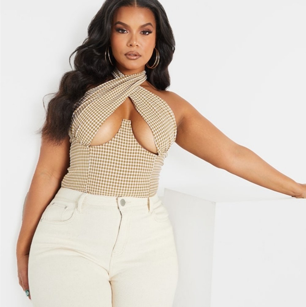  Plus Brown Woven Check Print Cross Over Zip Top